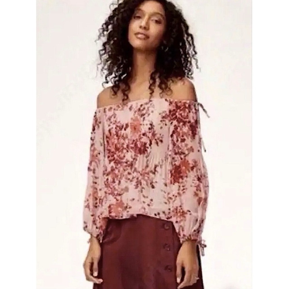 Aritzia Wilfred Talence Blouse Size S Pink Floral Pleated Off Shoulder Boho EUC